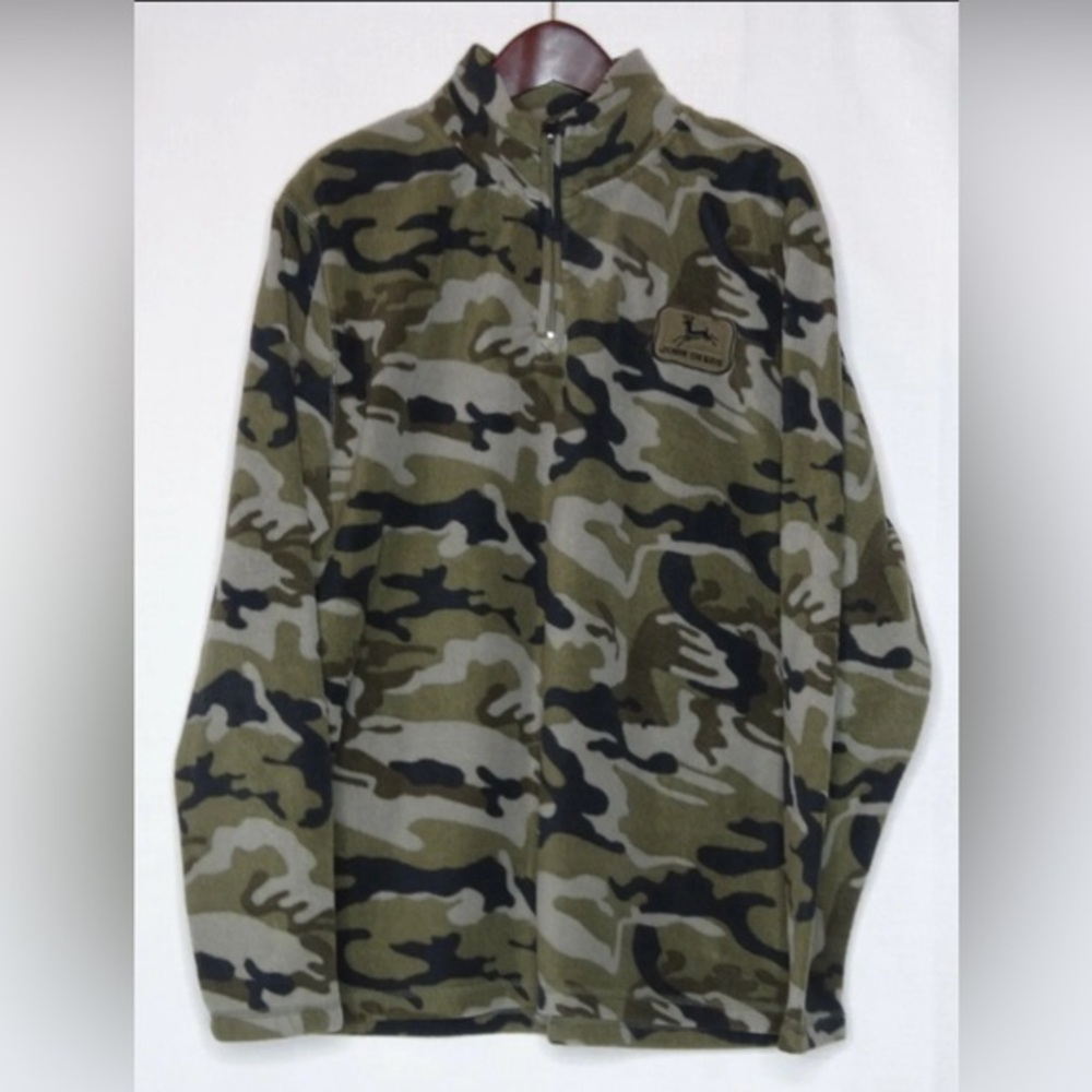 John Deere Mens XL Fleece Sweater Camouflage Green Half Zip